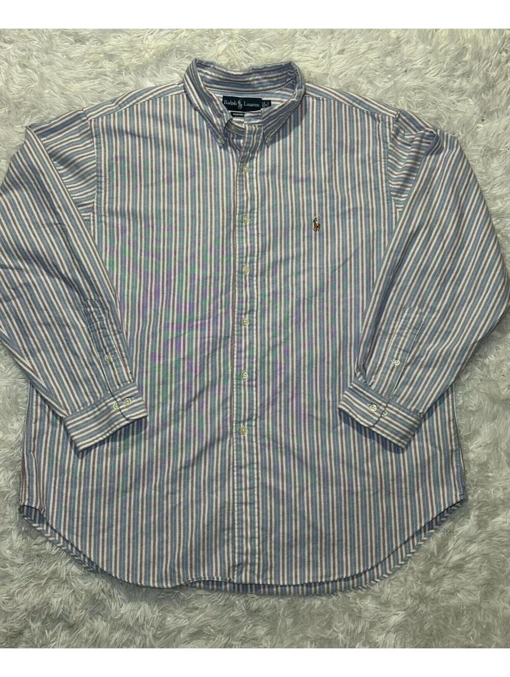 Ralph Lauren Classic Fit Dress Shirt Mens 18 34/35 Blue Burgundy White Striped